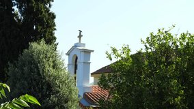 Bell tower with cross rises above tiled roof in old town Athens, Greece. A bird sits on top. Surrounded by green trees and bushes. Blue sky in background, clear sunny weather, no people. - Powered by Shutterstock - Get 15% off with code: PIKWIZARD15
