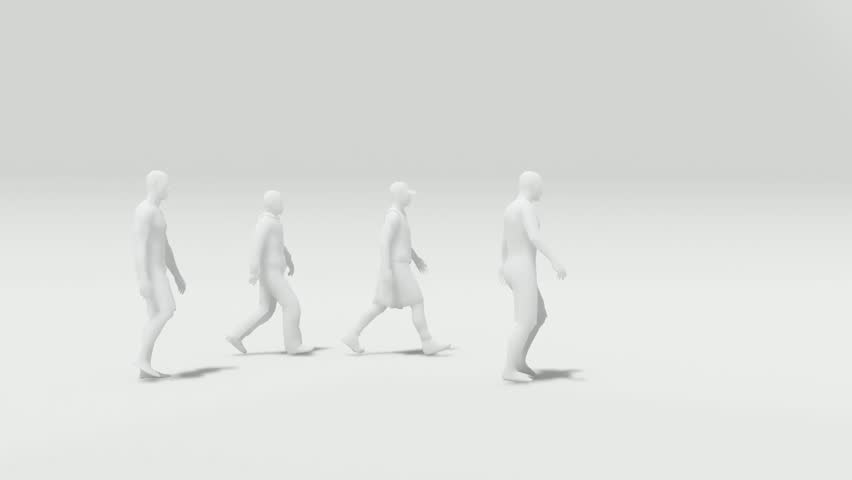 A group of five 3D human figures walking left, shown in white tone on grey background Ideal for crowd animations or design assets - Powered by Shutterstock - Get 15% off with code: PIKWIZARD15