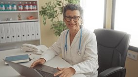 Senior woman doctor with grey hair and stethoscope sits in office clinic adjusting glasses near laptop and phone. - Powered by Shutterstock - Get 15% off with code: PIKWIZARD15