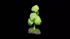 A low-poly tree, with sharp green leaves and a brown trunk, stands on a small rocky mound, rotating slowly against a stark black background - Powered by Shutterstock - Get 15% off with code: PIKWIZARD15