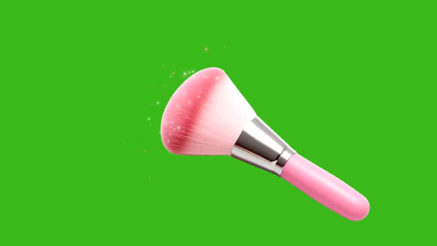 A shimmering pink makeup brush, subtly sparkling, floats against a vibrant green screen, perfect for beauty-themed animation