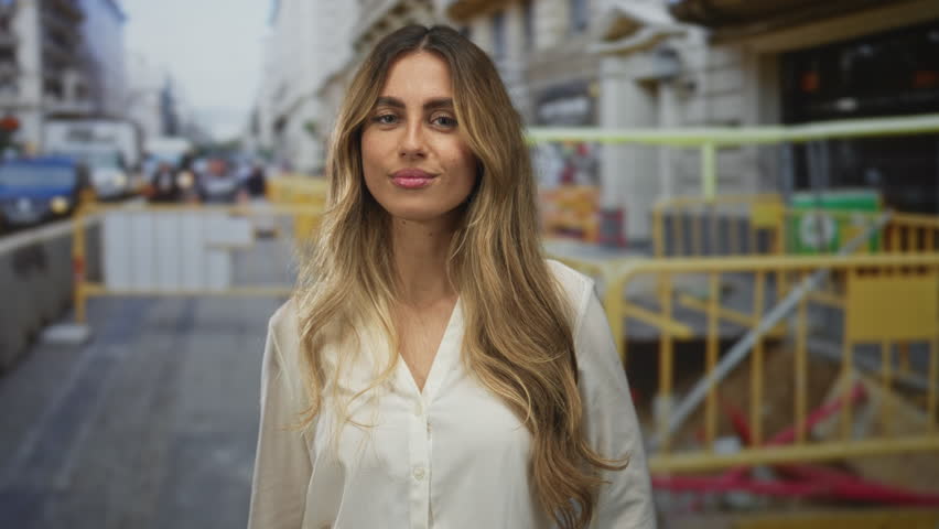 Blonde young woman open palms presenting at urban construction site; confidence ambition determination.