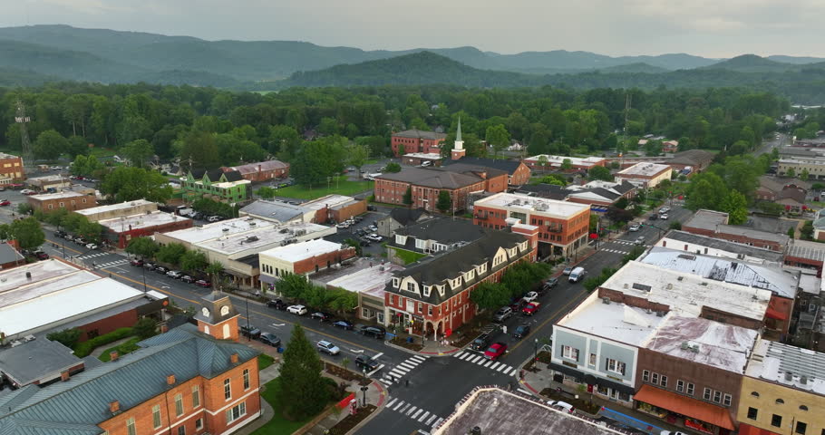 Historic town of Brevard in Appalachian Blue Ridge Mountains. Aerial view of quiet streets and old American buildings in Transylvania County, NC.