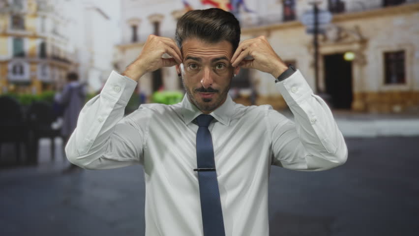 Man in white shirt and navy tie with palms up gesture and perplexed expression on a busy urban street scene; confusion.