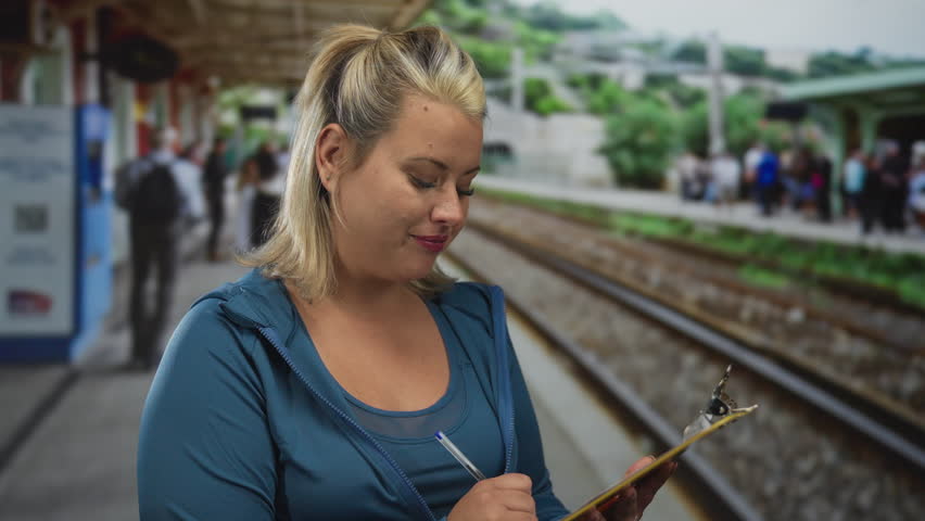 Woman writing on yellow clipboard with pen at a busy train station building platform; concentration.