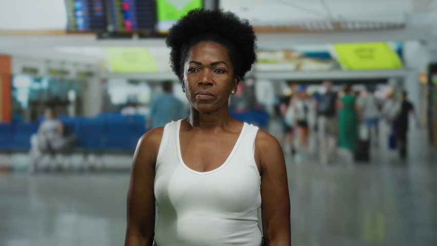 Woman in white tank stands indoors at busy airport terminal, looking serious, with blurred travelers in background, capturing essence of transit hub environment.