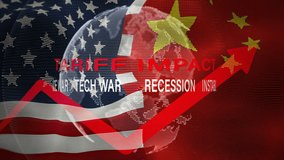 Global tariff impact with USA and China flags, rising red arrow, with recession, tech war, and instability. Ideal for economic conflict visuals. - Powered by Shutterstock - Get 15% off with code: PIKWIZARD15