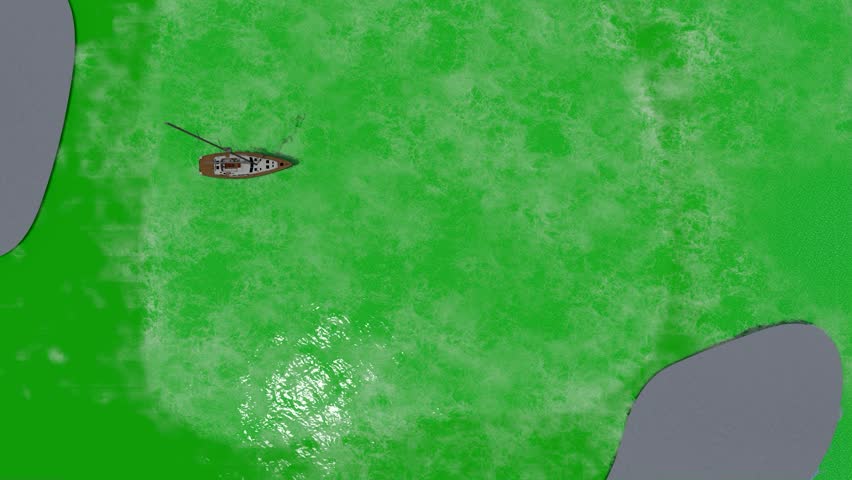 sailboat moves across a vibrant green screen with simulated water effects, viewed from above. ideal for compositing, usable for maritime, travel, or adventure projects.