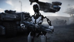 Robot with gun. Futuristic military base with robots and aerial ship. 3d rendering. - Powered by Shutterstock - Get 15% off with code: PIKWIZARD15