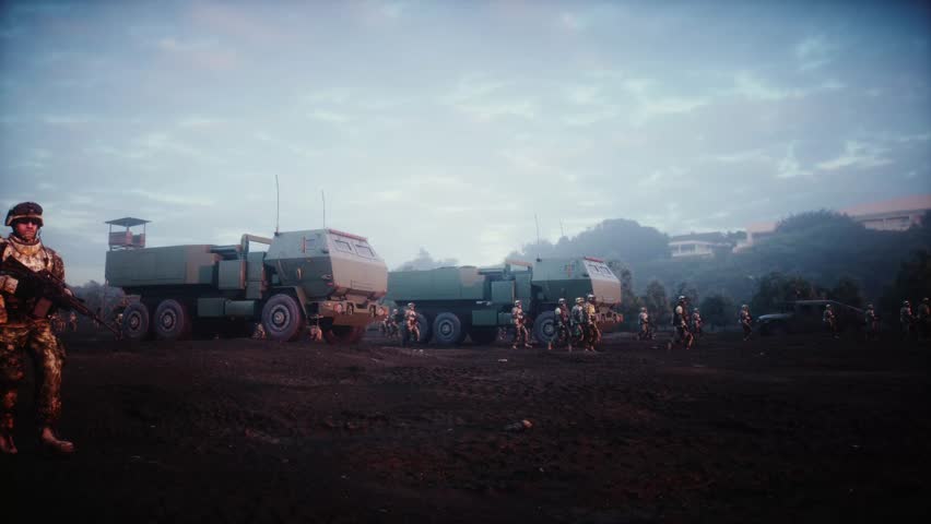 American High Mobility Artillery Rocket System in a ruined city.