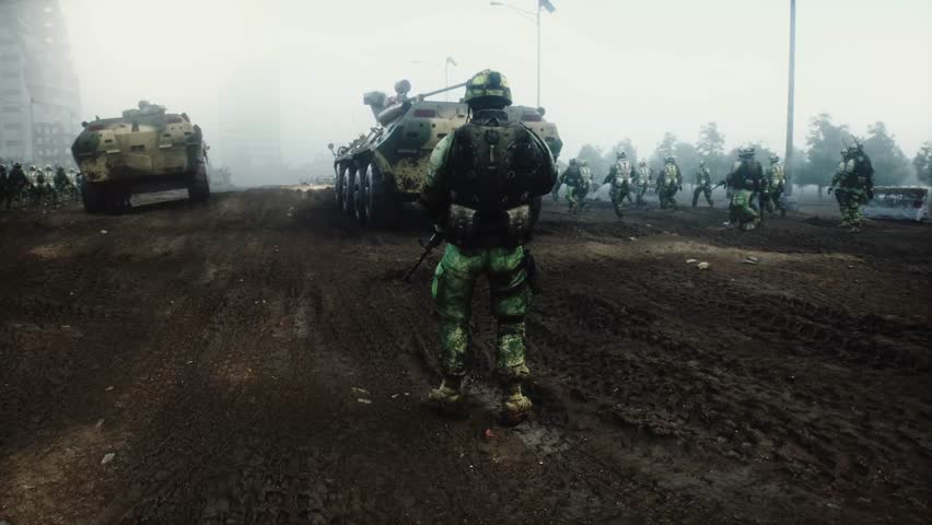Soldier with gun in in a ruined city.