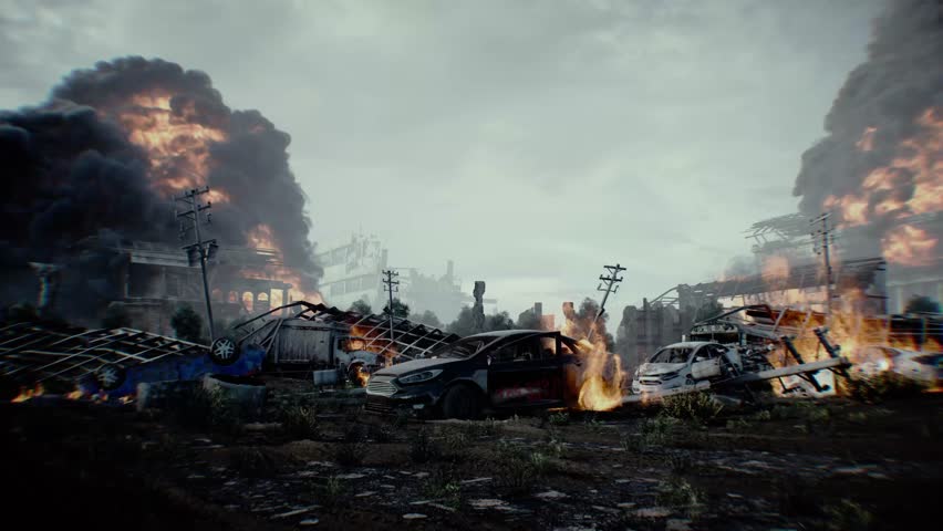 apocalyptic burning city. Armageddon. 4k animation.