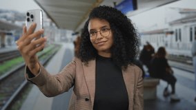 Young woman taking selfie at train station with blurred background, showcasing modern transportation and casual fashion - Powered by Shutterstock - Get 15% off with code: PIKWIZARD15