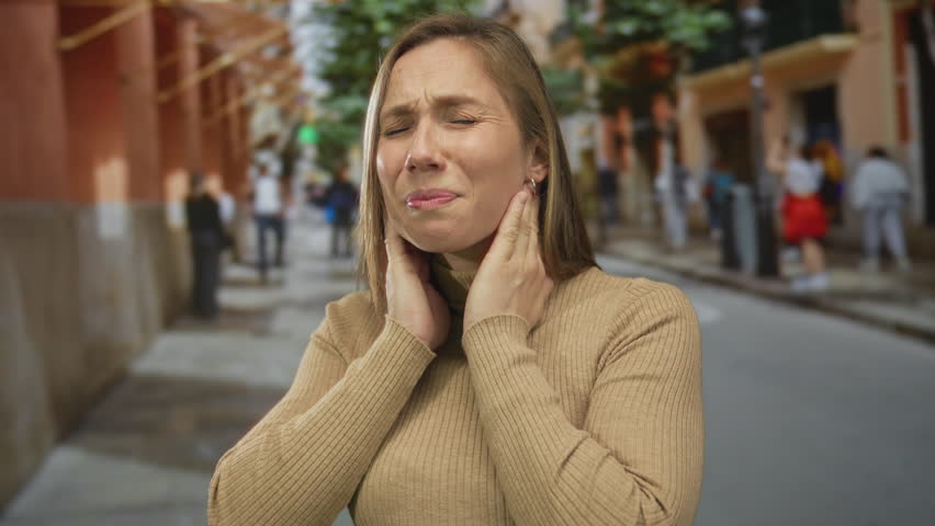 Woman in urban area holds throat with closed eyes expressing discomfort on city street during daytime.