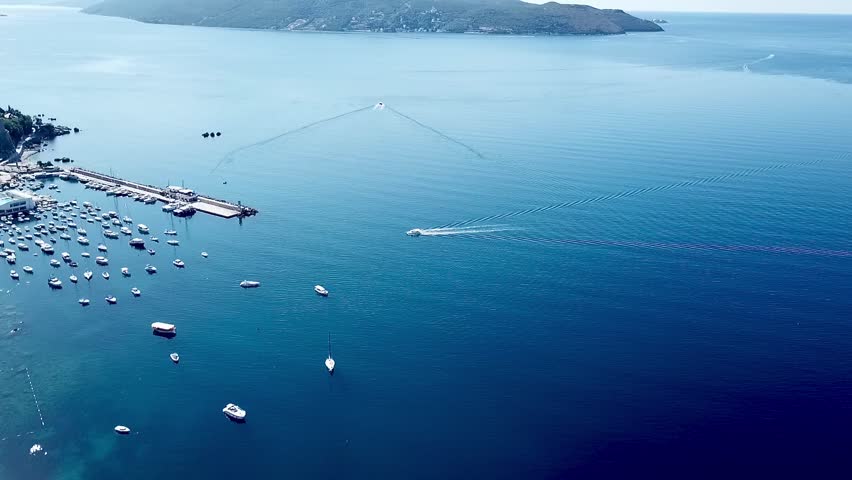 A drone shot over the yacht harbor of Herceg Novi in Montenegro