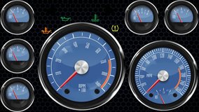 Digital car dashboard with speedometer and primary gauges in retro style, featuring blue tones and red arrows on a black background. - Powered by Shutterstock - Get 15% off with code: PIKWIZARD15