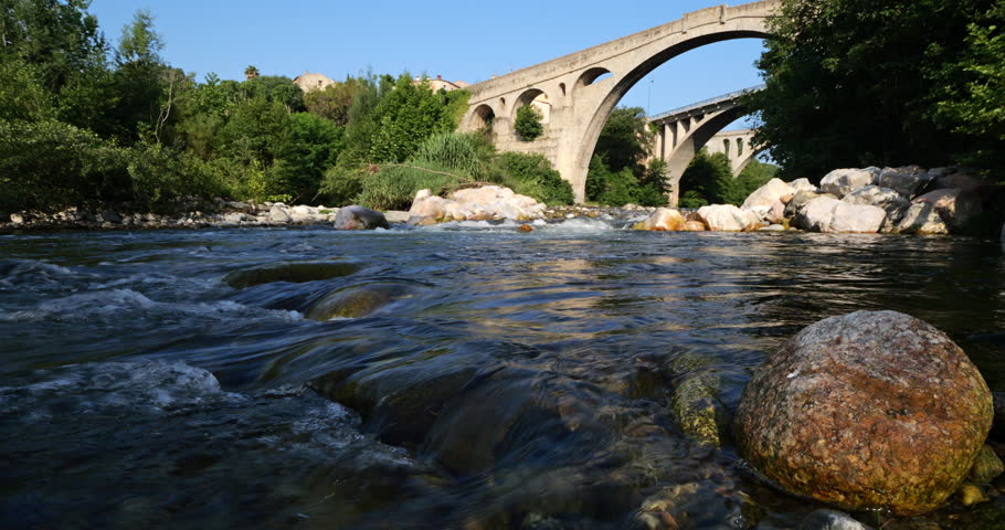 Ceret, Pyrenees Orientales, Catalunya, France. The Pont du Diable overcrossing the river Le Tech.