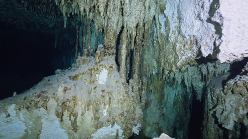Mexico cenote, underwater cave, stalactite 