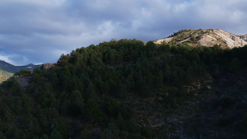 Snow-capped mountain peaks at sunset. Aerial close-up. Pine forest and snow-capped mountains flown over by drone. Sierra Nevada. Spain.