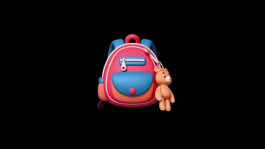 3d animation of stylized cute red school backpack with pocket kawaii plush toy bear keychain. Back to school, education, study, preschool learning. Satchel for small children on transparent background