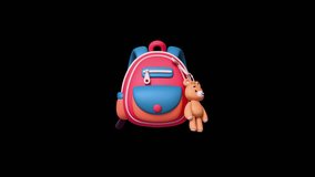 3d animation of stylized cute red school backpack with pocket kawaii plush toy bear keychain. Back to school, education, study, preschool learning. Satchel for small children on transparent background - Powered by Shutterstock - Get 15% off with code: PIKWIZARD15