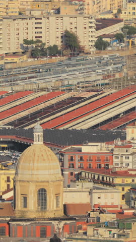 Naples, Italy. Top View Cityscape Skyline With Famous Landmarks In Sunny Day. Many Old Churches And Temples.