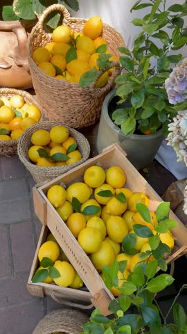 Lemon season in Italy, baskets with lemons decorating the restaurant entrance in Italy