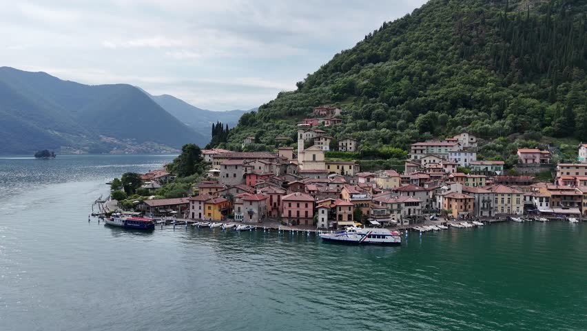 Peschiera Maraglio Monte Isola Lake Iseo Italy Panning drone aerial