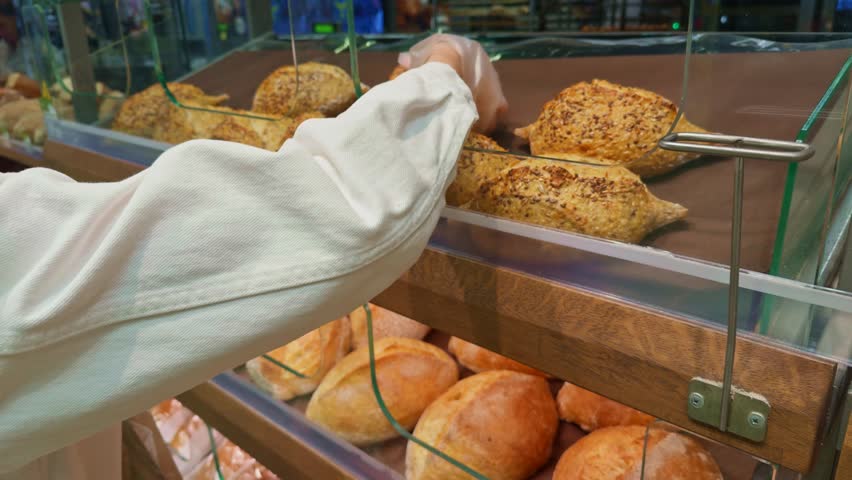 selecting freshly baked bread from bakery display case. baker's gloved hands carefully place a freshly baked, crusty loaf of bread, sprinkled with seeds, into a warm display case filled artisan bread