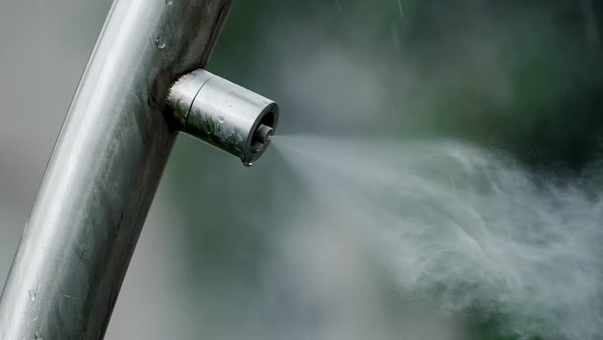 Close-up of Metal Nozzle Spraying Fine Water Mist for Humidification and Cooling Outdoors