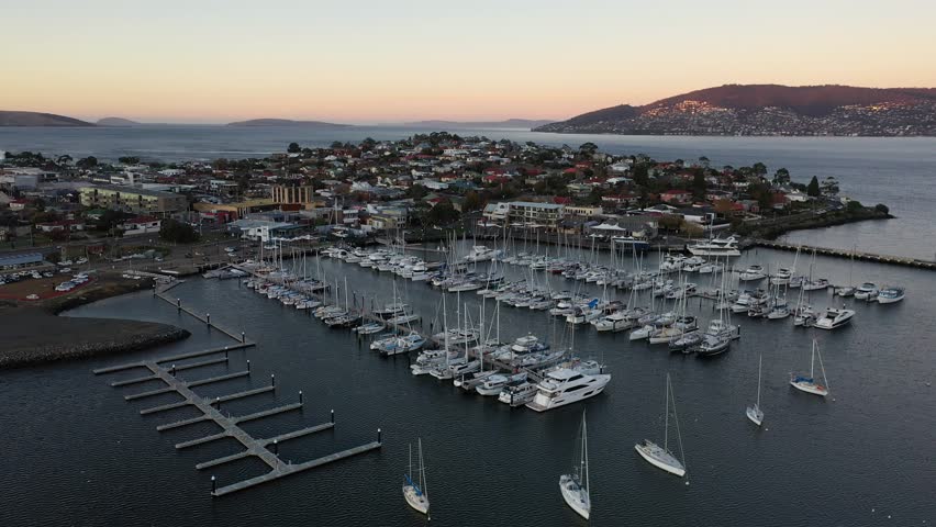 Sunrise over Kangaroo Bay, Bellerive, Tasmania, Australia Aerial Drone 4K