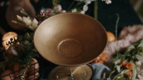 Overhead: White Granulated Sugar Pouring into Vintage Brass Bowl on Kitchen Scale. Rustic Baking Ingredients. - Powered by Shutterstock - Get 15% off with code: PIKWIZARD15
