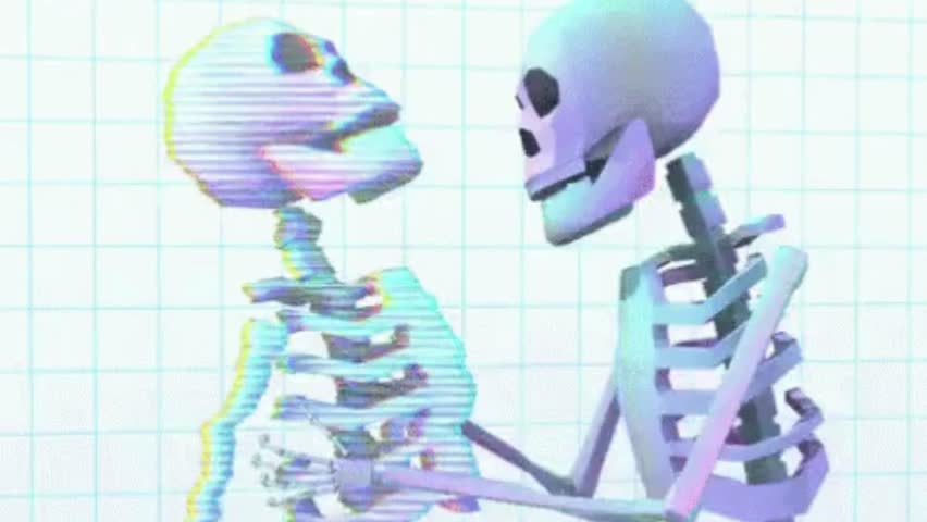 Animated skeletons dancing in a retro VHS glitch style on a grid background. Perfect for Halloween, spooky edits, music videos, or digital art with vintage aesthetic vibes.