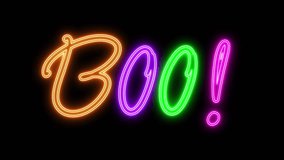 Glowing Neon BOO! sign. Boo text with illuminated neon light. Colorful luminous and shimmering haze inside the letters of the text Boo. Creepy Design for Halloween Holiday Celebration Designs. - Powered by Shutterstock - Get 15% off with code: PIKWIZARD15