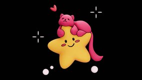 Line art animation of stylized fluffy pink cartoon sleeping cat lying down hugging yellow star with its paws, floating in space. Star with smiling face, blinking eyes, cheeks on transparent background - Powered by Shutterstock - Get 15% off with code: PIKWIZARD15