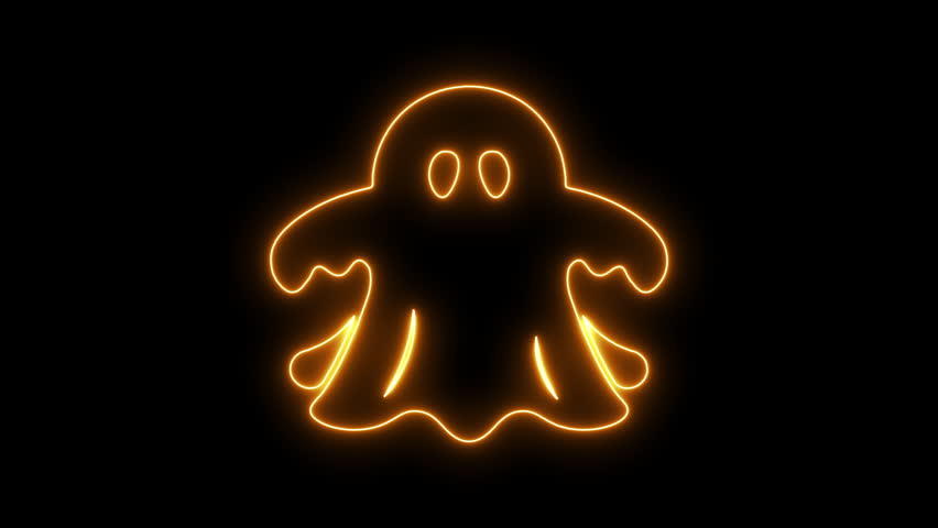 4k Neon Glowing Halloween Creepy Ghost Design Element Isolated on Black Background. Loop led light ghost illustration for halloween holiday and spooky concept designs.