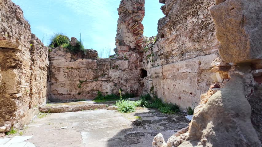Footage of ancient baths remains located in Side, Turkey outlining construction styles and community roles of bathhouses during Roman Empire era