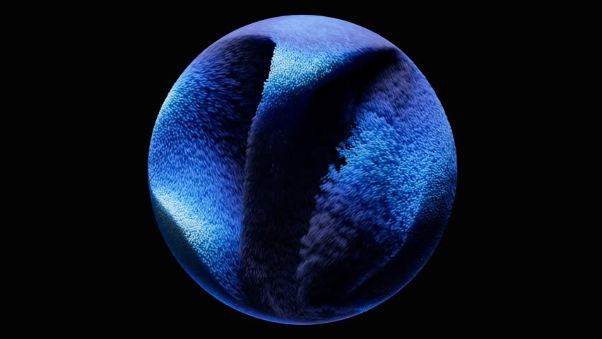 3d render of abstract art video animation with surreal ball or sphere based on motion, small blue and white gradient color dust particles in splash as water wave on isolated black back 