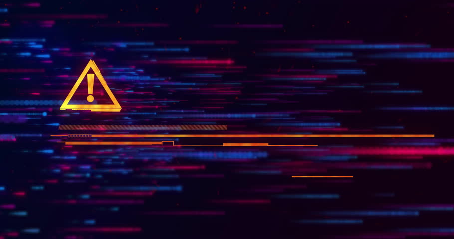 Sliding data lines revealing alert triangle, text glitching then shifting to urgent action required. Technology, digital, futuristic, alert, warning, cybersecurity, interface