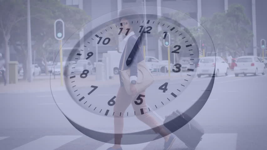 Businesswoman stepping onto crosswalk using clock technology, pulling suitcase, reaching sidewalk. Urban, transit, transit-oriented, contemporary, determination, punctuality, mobility