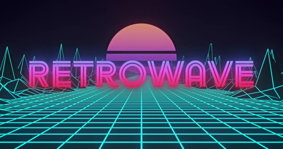 At start magenta RETROWAVE letters rising rotating splitting shards swirling revealing retro logo. Futuristic, cyber, digital, holographic, vibrant, abstract, sci-fi