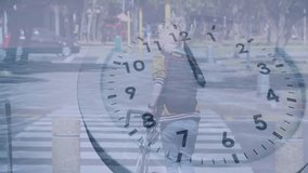 Clock overlay initiating man pushing bike across zebra crossing demonstrating time tracking tech. Urban, street, transit, activity, motion, minimalism, technology - Powered by Shutterstock - Get 15% off with code: PIKWIZARD15