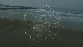 Glowing points appearing over shore expanding into rotating mesh sphere visualizing network links. Futuristic, technology, innovation, abstract, network, connectivity, digitalart - Powered by Shutterstock - Get 15% off with code: PIKWIZARD15