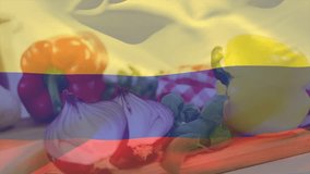 Opening with flag waving over vegetables, pot emerging then spaghetti strands loading for cooking. Culinary, freshness, rustic, vibrant, nourishment, preparation, homecooking - Powered by Shutterstock - Get 15% off with code: PIKWIZARD15