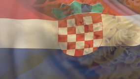At start flat Croatian flag undulating above fusilli pot, symbolizing Croatian cuisine. Patriotism, culinary, cultural, nationalystore, vibrancy, celebration, heritage - Powered by Shutterstock - Get 15% off with code: PIKWIZARD15