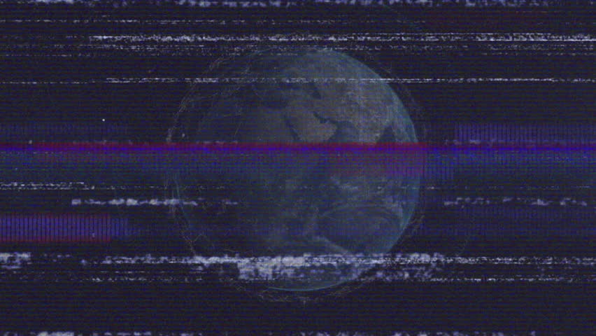 Flickering void starting 3D Earth emerging and rotating under glitching lines showing interference. Futuristic, abstract, technology, digital, cosmic, glitch, distortion
