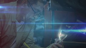 Senior technician reading smartphone data, logging measurements in lab while AR network expanding. Innovation, technology, engineering, networking, data, precision, workspace - Powered by Shutterstock - Get 15% off with code: PIKWIZARD15