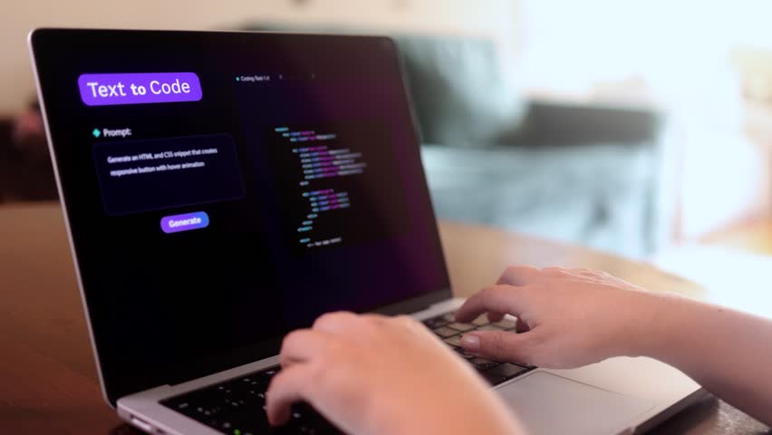 AI programming assistant, hands using text to code interface on laptop for generative software development in modern workspace