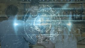 Barista greeting couple and grinding beans at bar for serving espresso with digital sphere rotating. Cafe, technology, digital, innovation, social, ambiance, modern - Powered by Shutterstock - Get 15% off with code: PIKWIZARD15