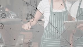 Baristas tapping tablet after receiving order, reviewing list with net nodes mapping cafe workflow. Cafe, barista, technology, digital, collaboration, workspace, modern - Powered by Shutterstock - Get 15% off with code: PIKWIZARD15